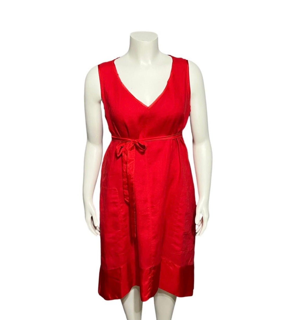 Sundance Red 100% Linen V-Neck Flare With Silk Trim Tie Dress Sz-Large