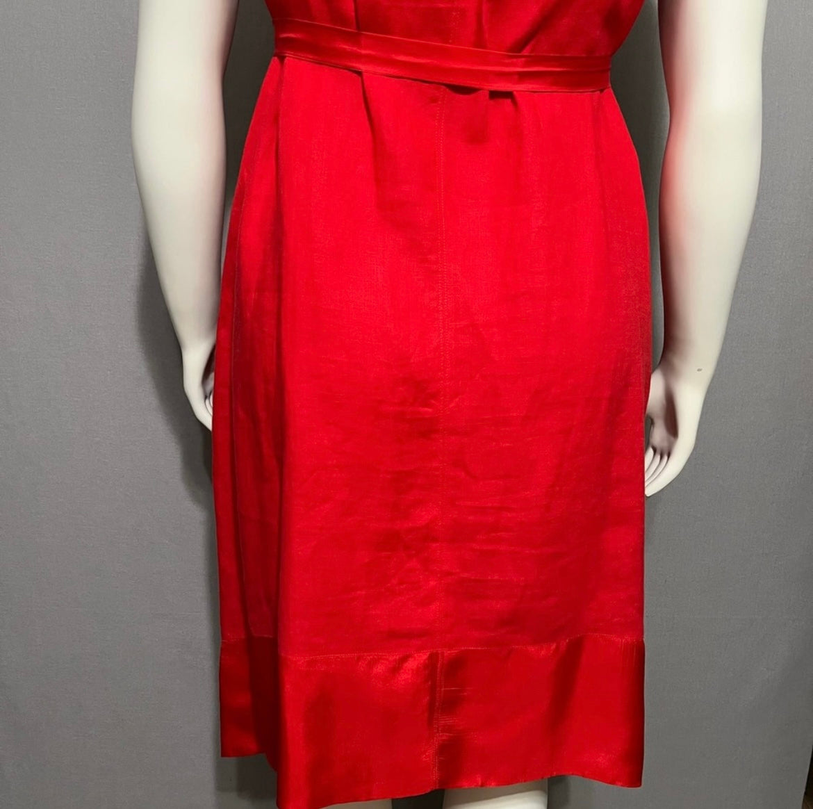 Sundance Red 100% Linen V-Neck Flare With Silk Trim Tie Dress Sz-Large