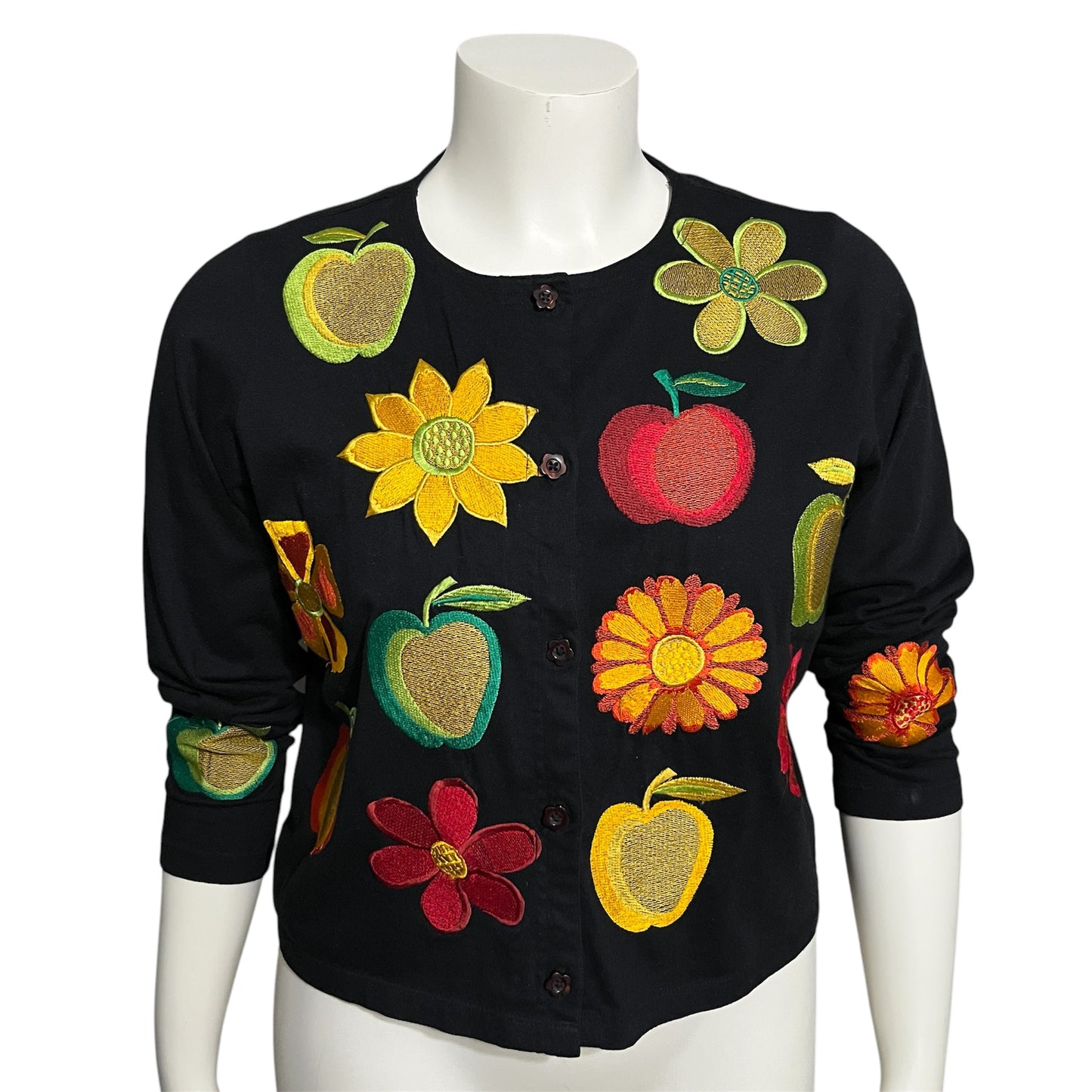 Michael Simon Black Fruit/Floral Embroidered Patch Cotton Cardigan Sz-Medium