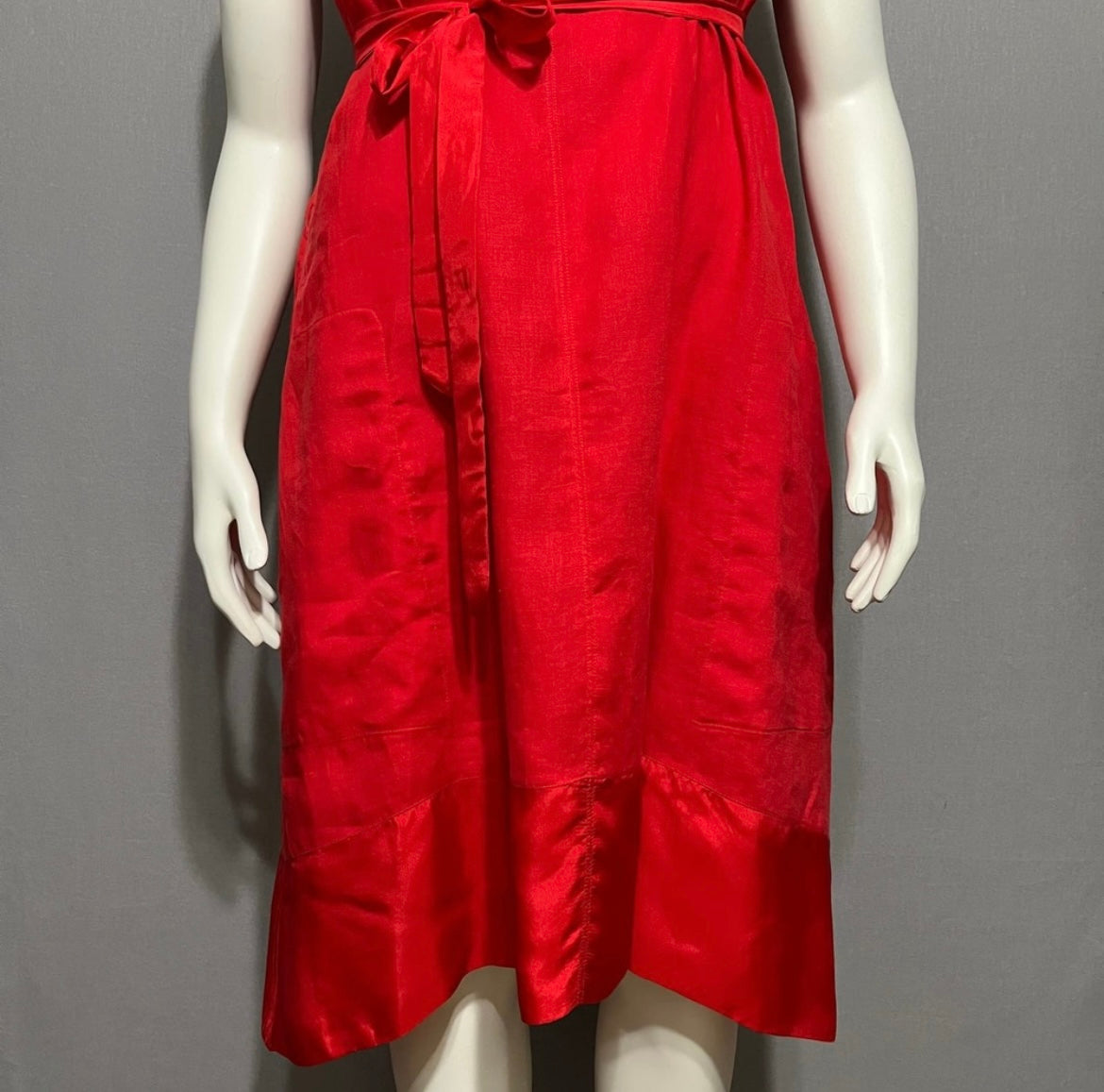 Sundance Red 100% Linen V-Neck Flare With Silk Trim Tie Dress Sz-Large