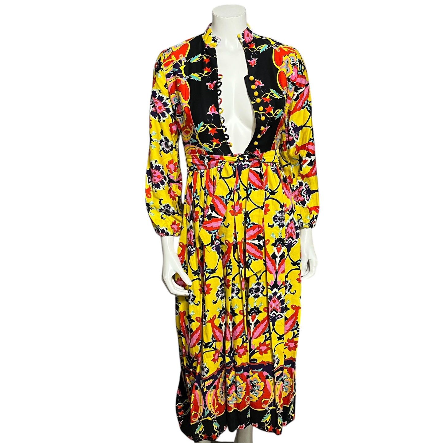 Vintage Floral Yellow Cotton Maxi Fit & Flare Dress Sz-XS