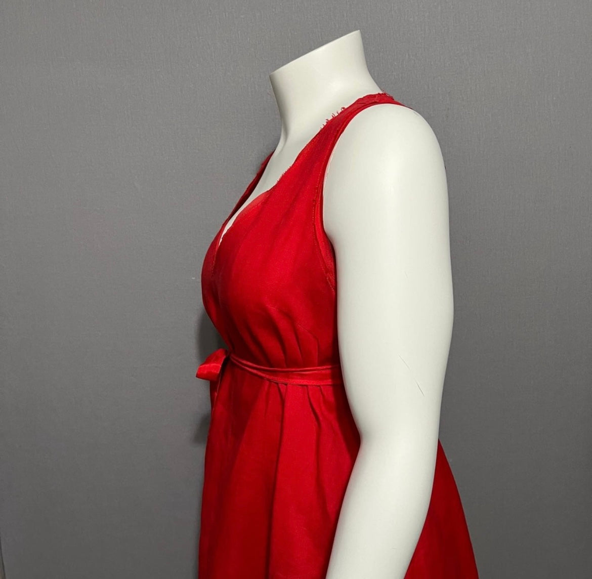 Sundance Red 100% Linen V-Neck Flare With Silk Trim Tie Dress Sz-Large