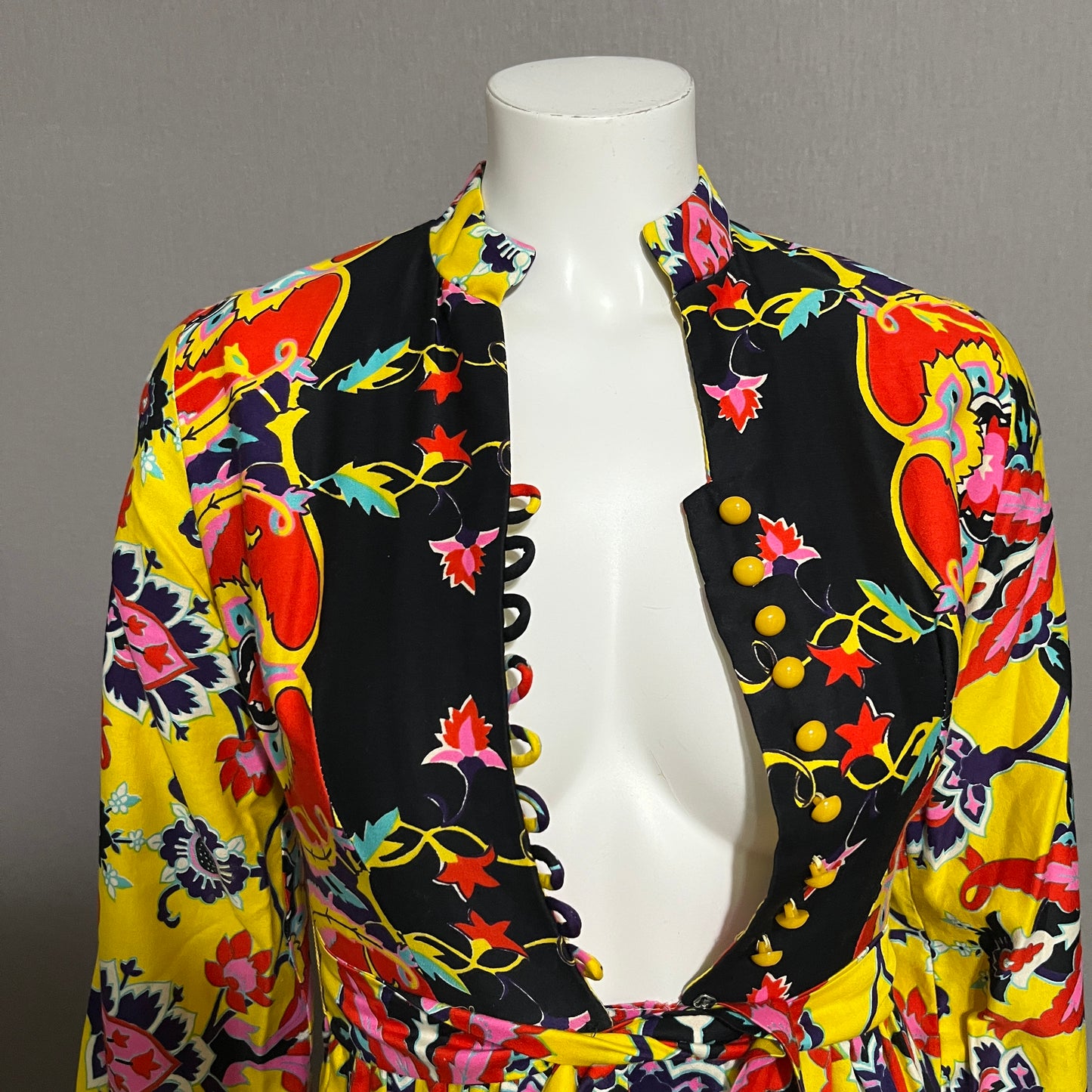 Vintage Floral Yellow Cotton Maxi Fit & Flare Dress Sz-XS