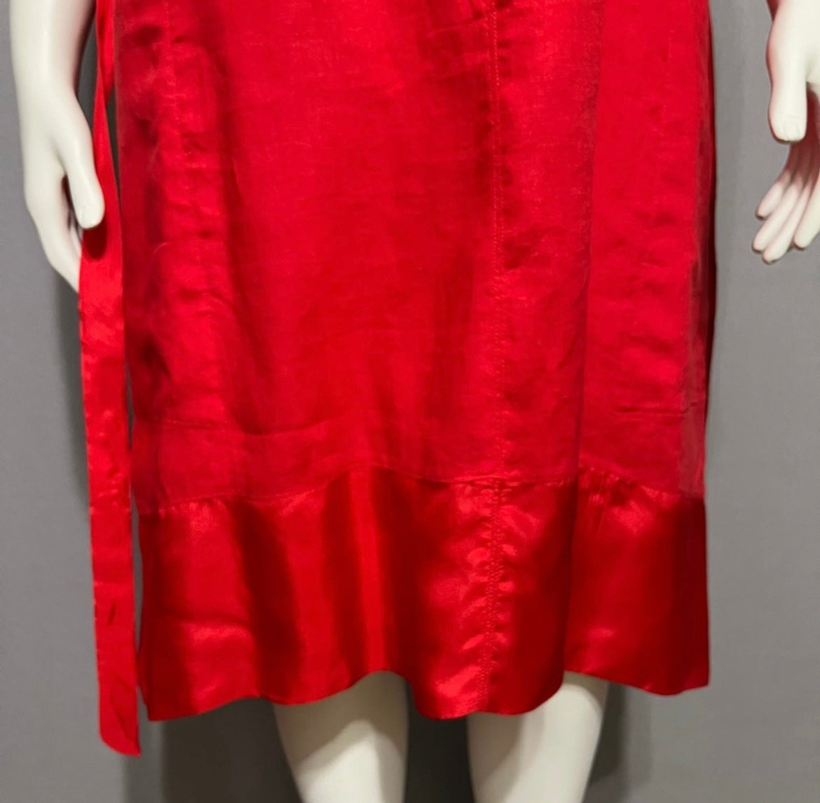 Sundance Red 100% Linen V-Neck Flare With Silk Trim Tie Dress Sz-Large