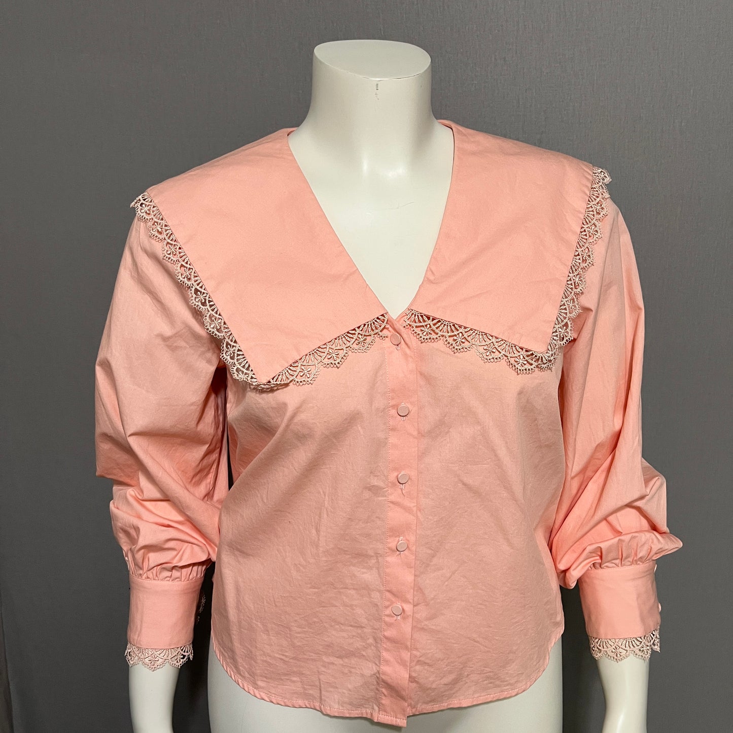 Yas Pastel Peach Cotton Oversized Collar Lace Trim Shirts Sz-Large