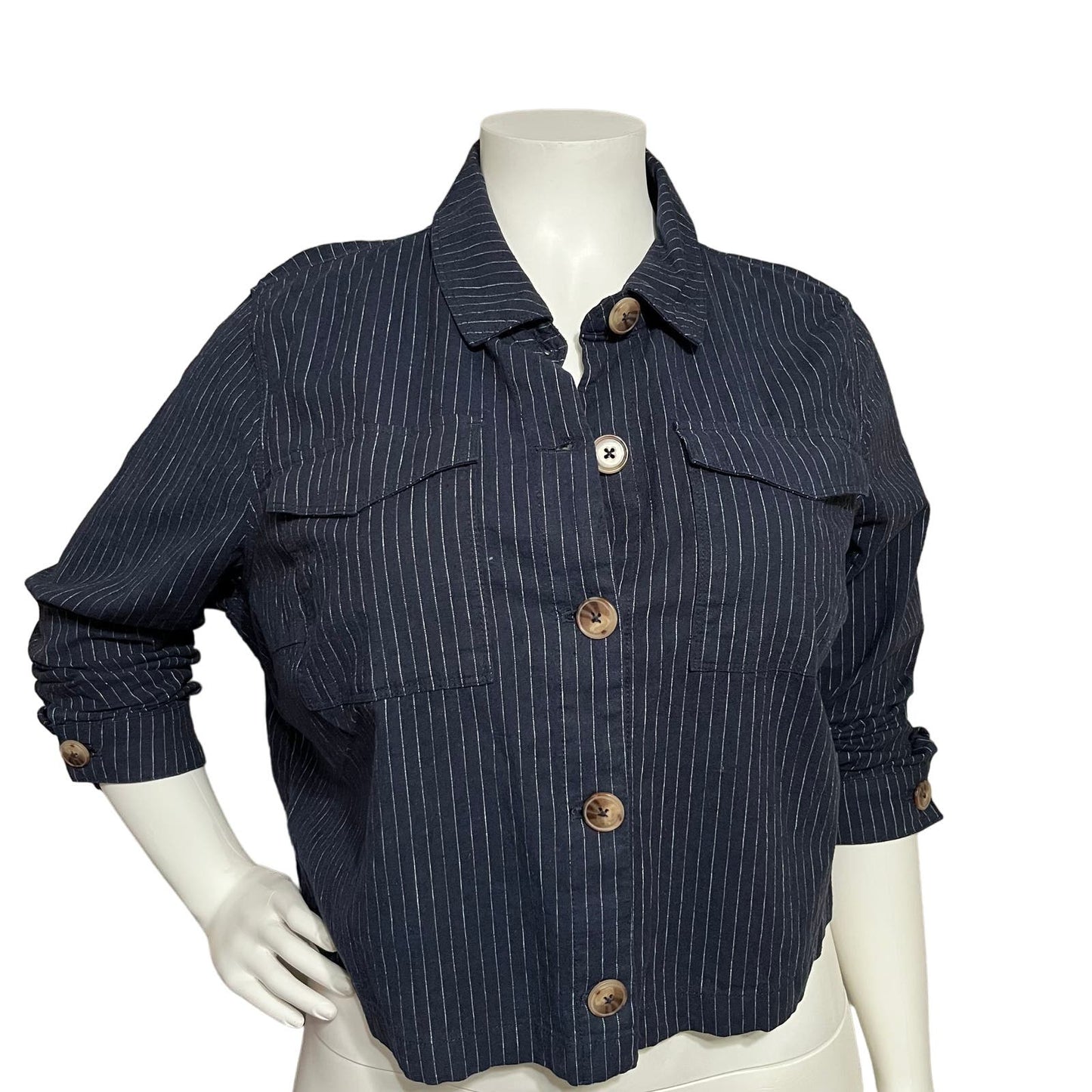 Lane Bryant Navy Linen / Cotton Striped Lightweight Jacket Sz-18