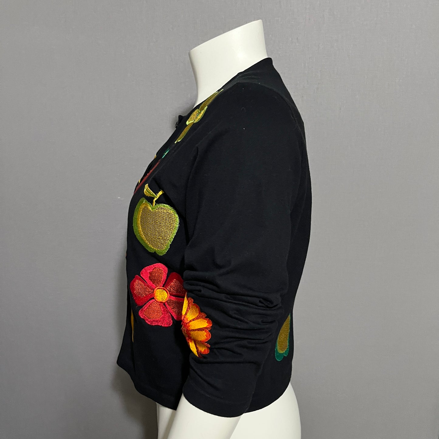 Michael Simon Black Fruit/Floral Embroidered Patch Cotton Cardigan Sz-Medium