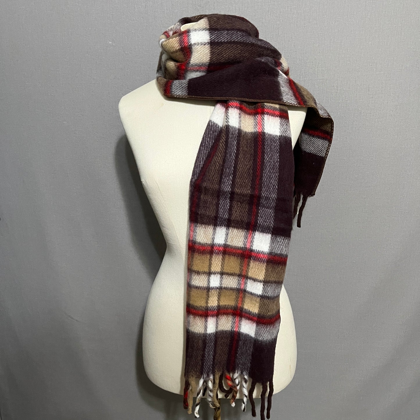 Plaid Brown Red Soft Scarf With Fringe