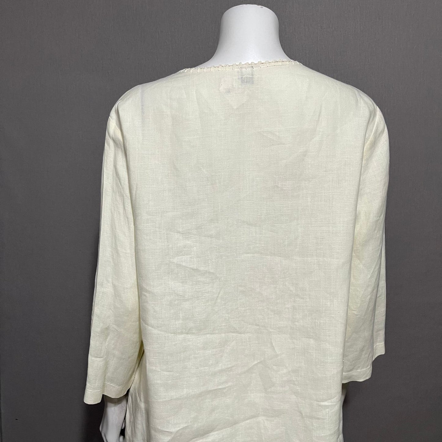 Cream 100% Linen Leaf Print V-Neck Tunic Top Sz-Large