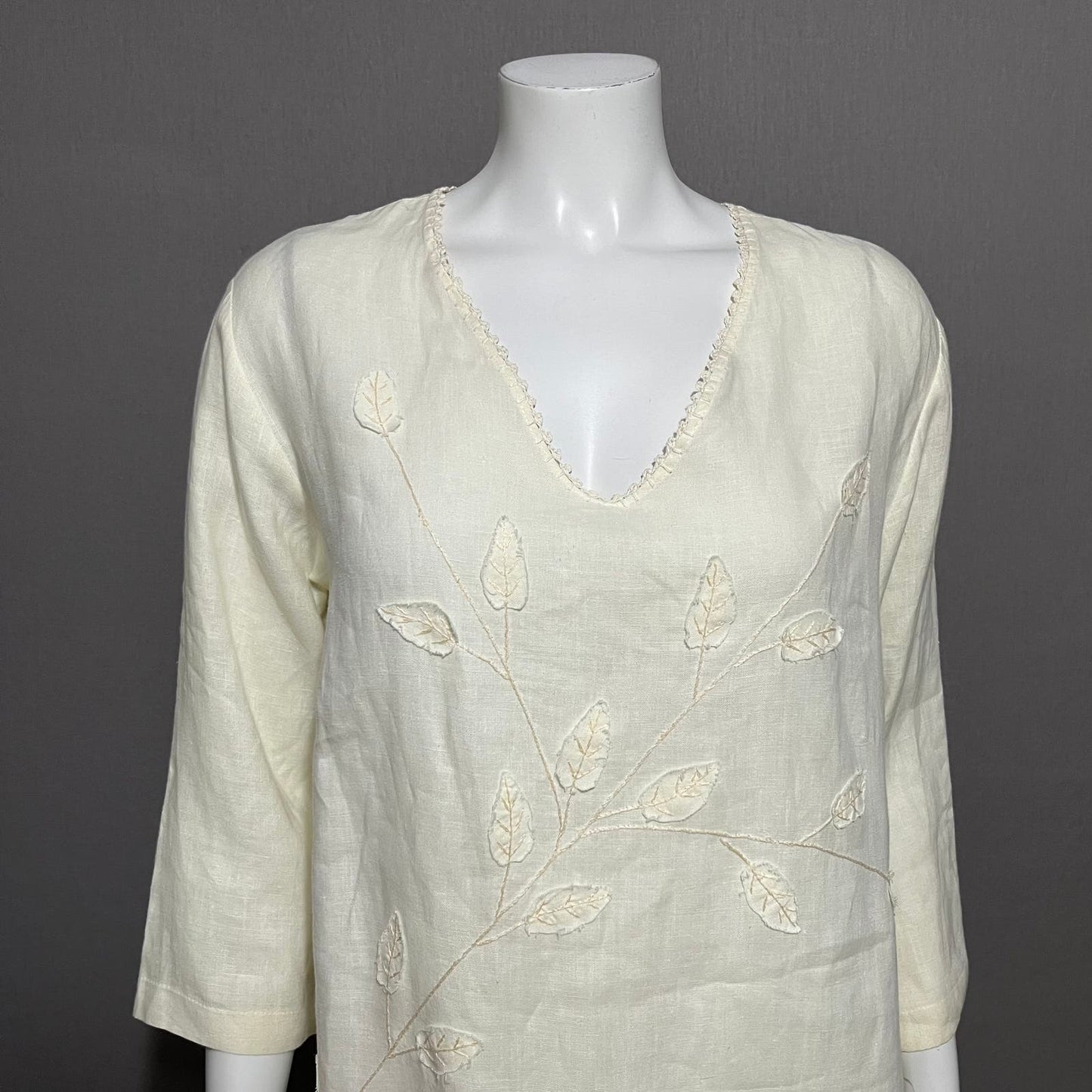 Cream 100% Linen Leaf Print V-Neck Tunic Top Sz-Large