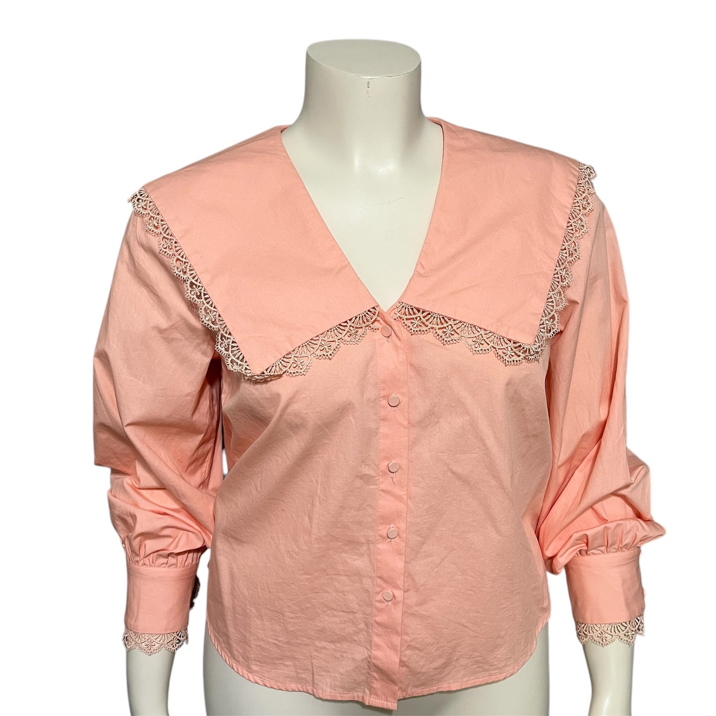 Yas Pastel Peach Cotton Oversized Collar Lace Trim Shirts Sz-Large