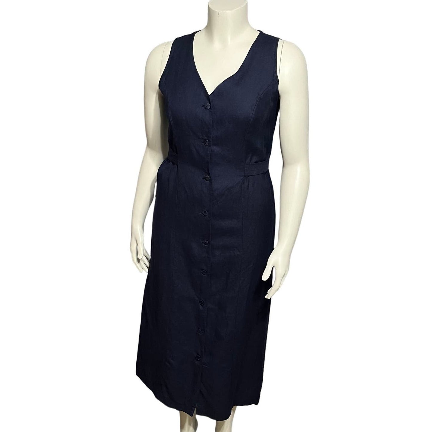 CH Signature Navy Linen Cotton Maxi Sleeveless Button Front Dress Sz-Small