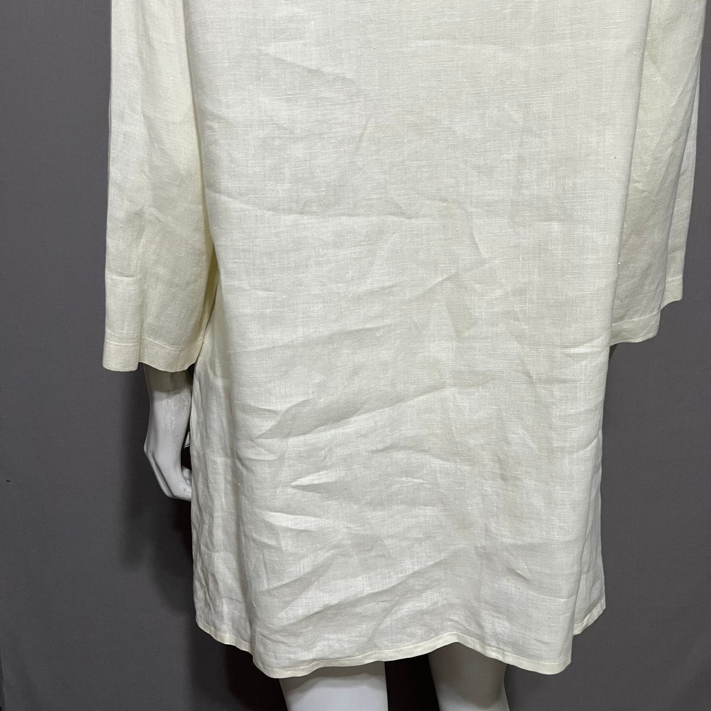 Cream 100% Linen Leaf Print V-Neck Tunic Top Sz-Large