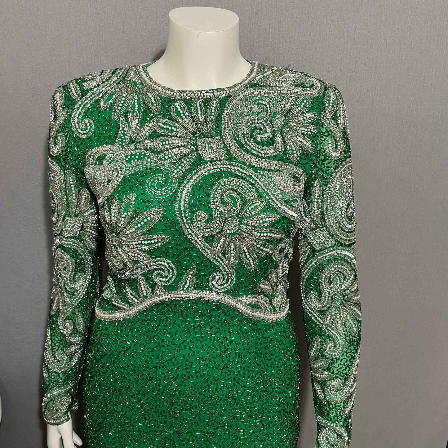 Vintage Green Holiday Evening Beaded Sequin 100% Silk Dress Sz-10 (labeled 12)