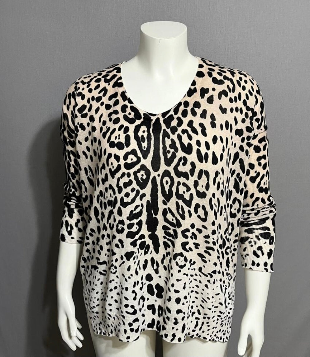 Ellison Cotton Linen Leopard Print V-Neck Sweater Sz-Small