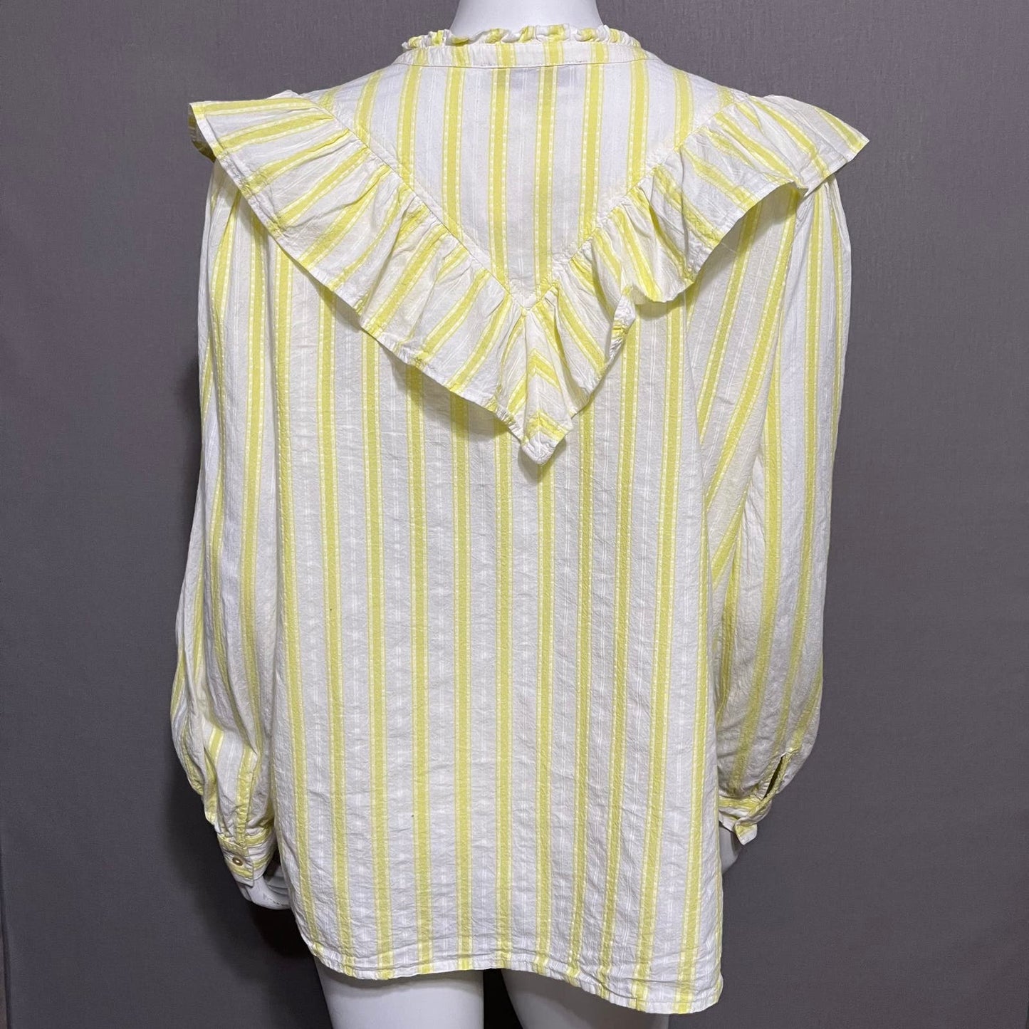 Loft Yellow Stripe Ruffle Collar 100% Cotton Button Front Shirt Sz-XL