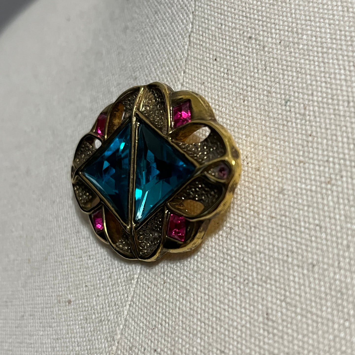 Vintage Gold Brooch with Blue and Pink Gems