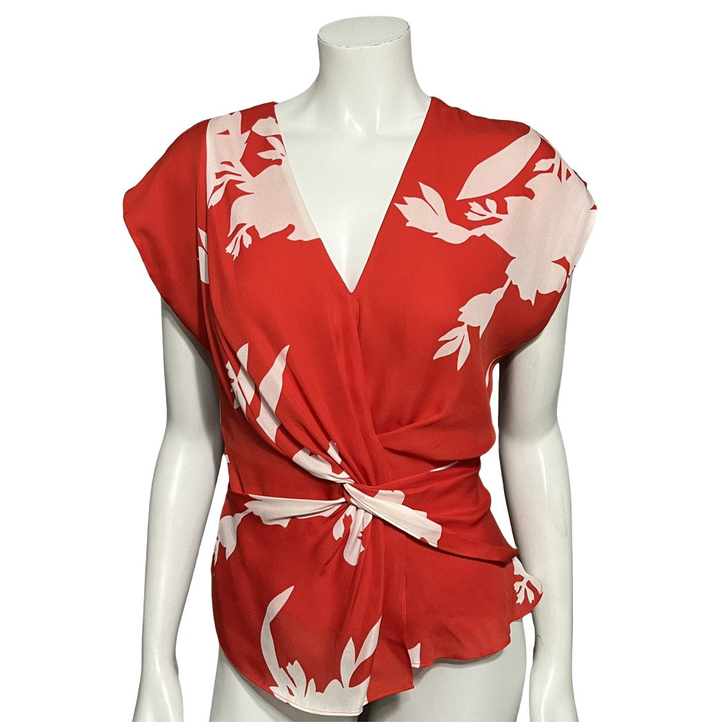 Joie Cherry Red & Floral Lightweight Flirty Silk Blouse Sz-Small