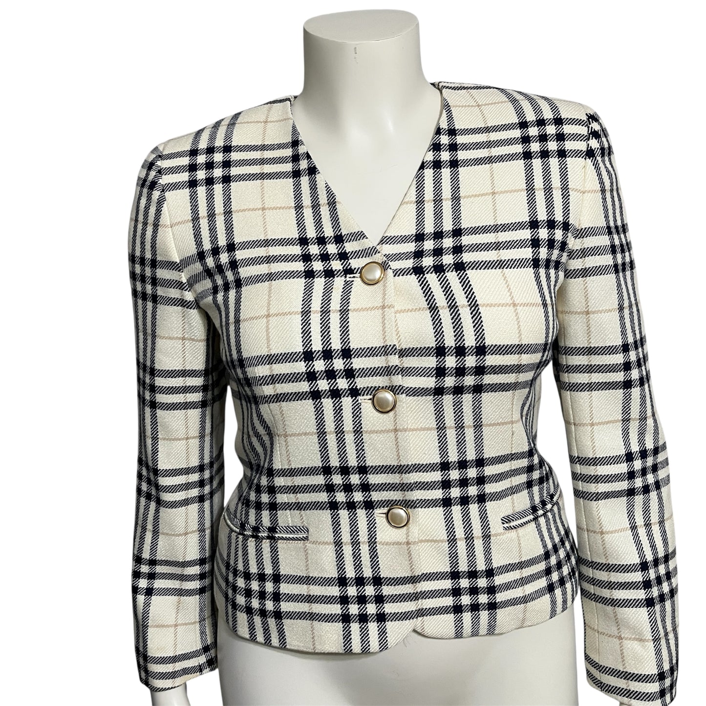 Liz Claiborne Cream and Black Plaid Blazer