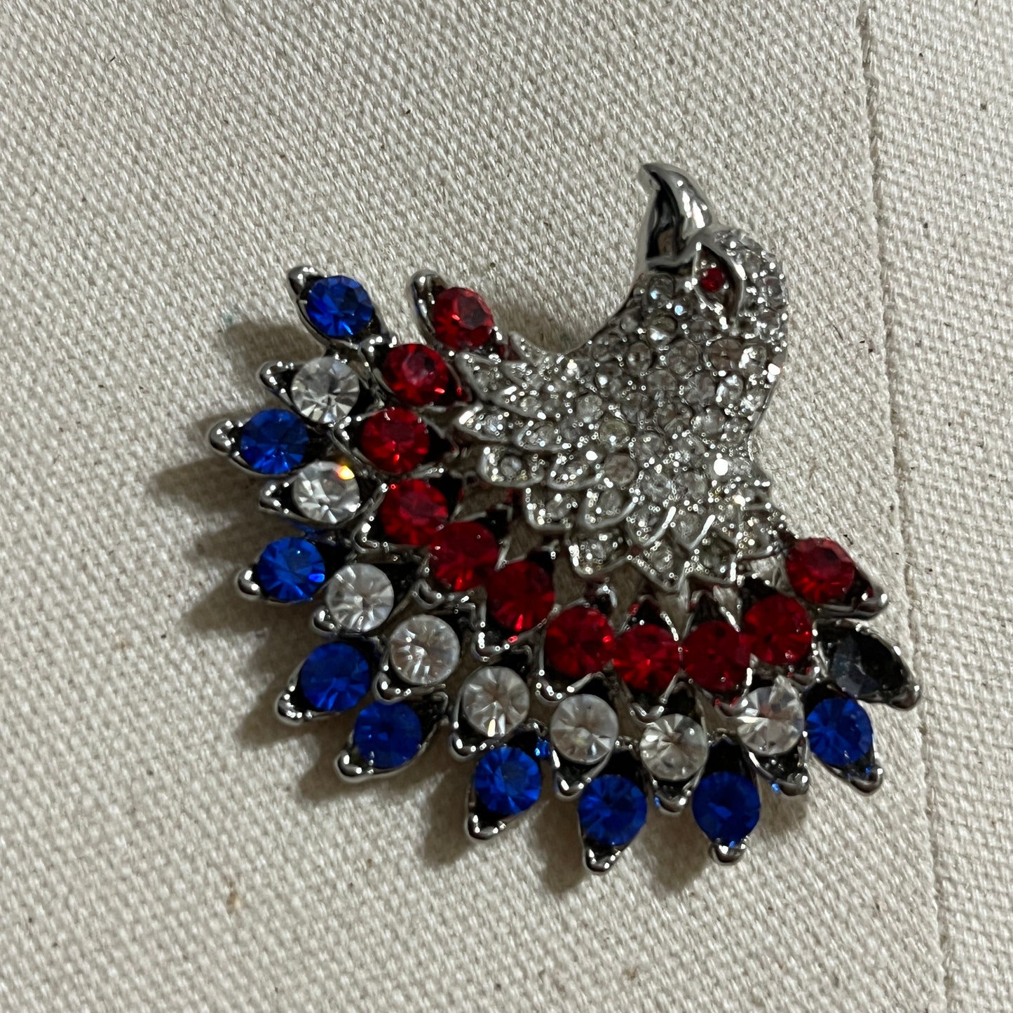 Eagle Patriotic Silver, Red, and Blue Crystal Brooch