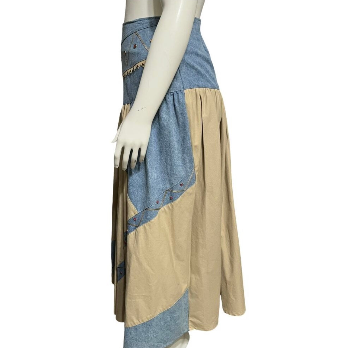 Vintage 80s Suzelle Denim Cotton Tan Pleated Drop Waist Maxi Skirt Sz-12
