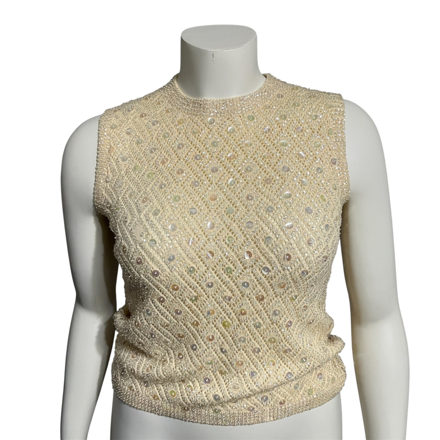 Sears Cream Sleeveless Sweater with Embellishments