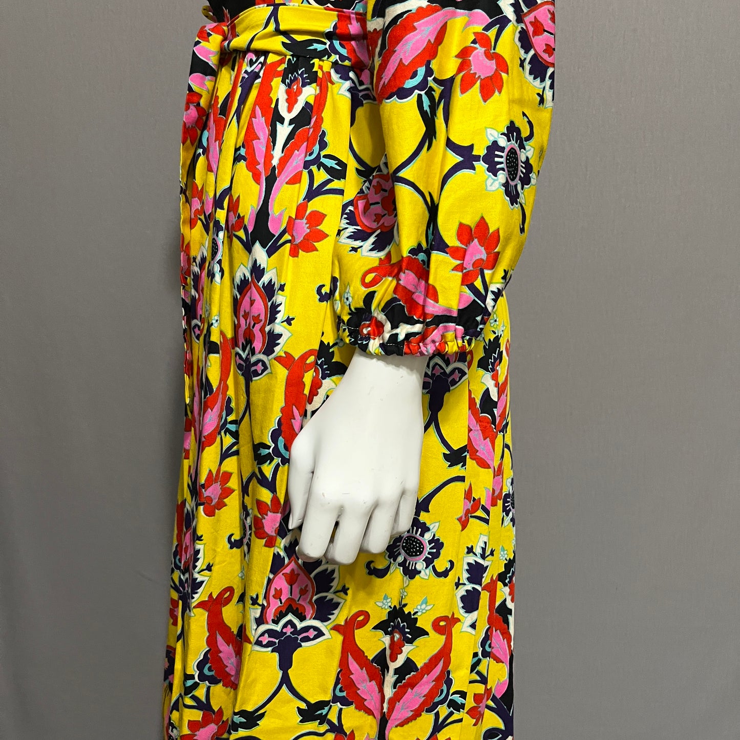 Vintage Floral Yellow Cotton Maxi Fit & Flare Dress Sz-XS