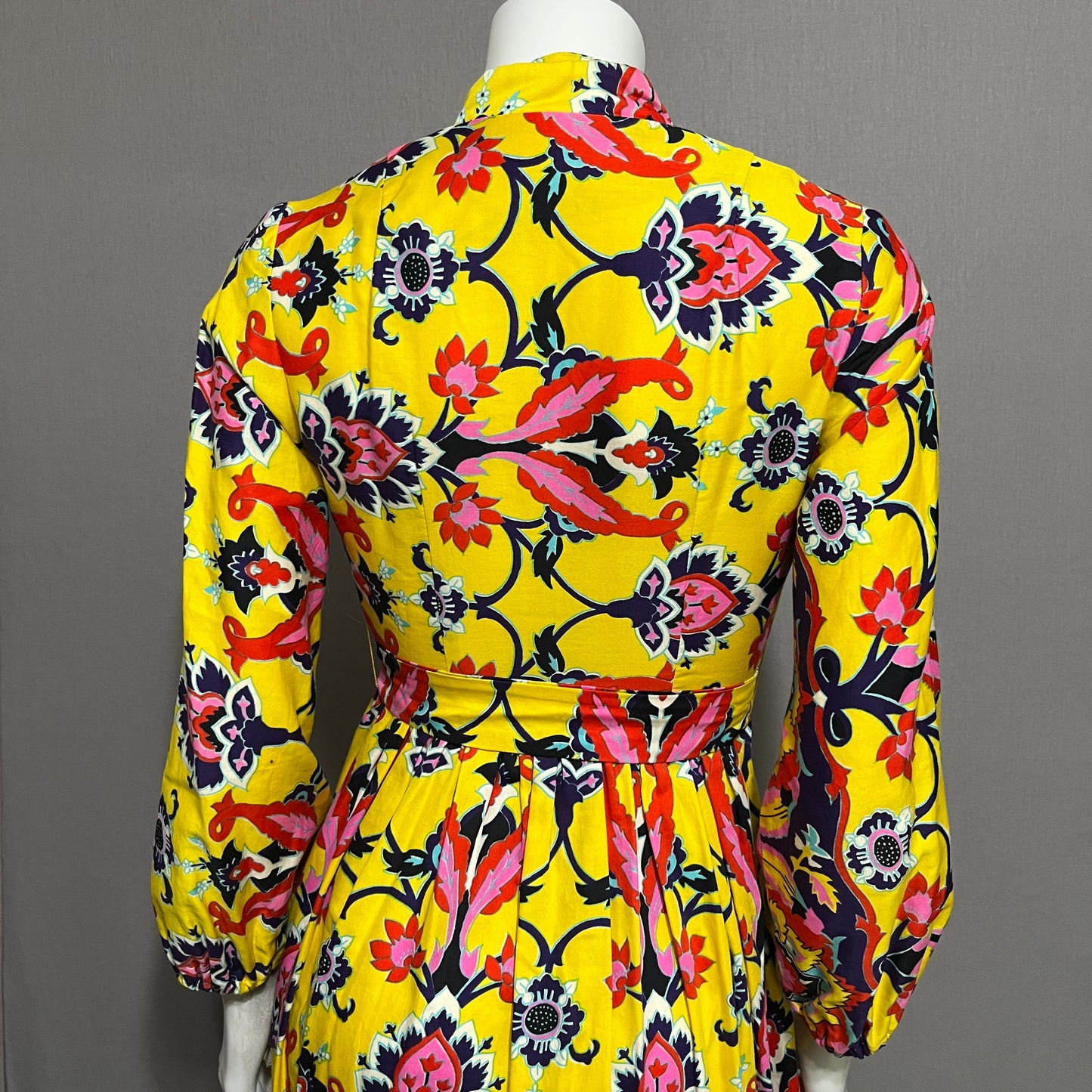 Vintage Floral Yellow Cotton Maxi Fit & Flare Dress Sz-XS