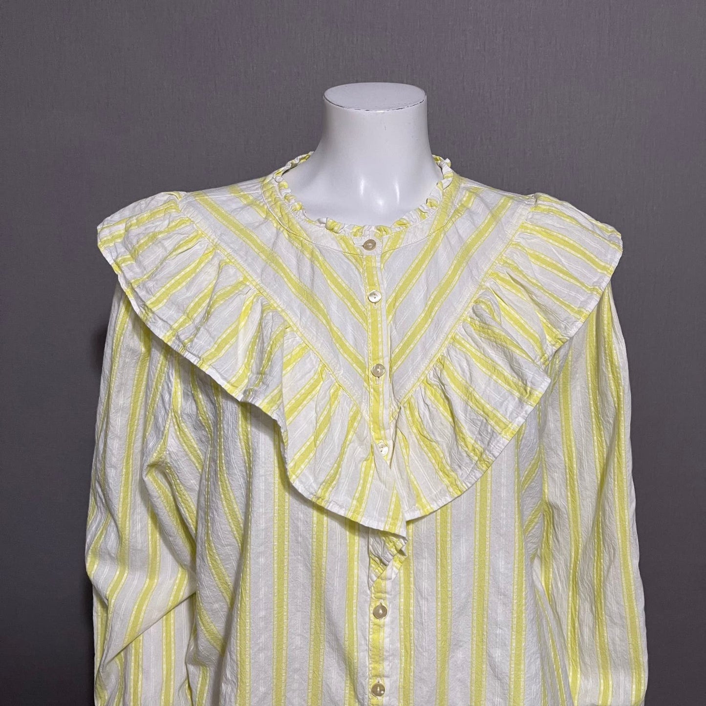 Loft Yellow Stripe Ruffle Collar 100% Cotton Button Front Shirt Sz-XL
