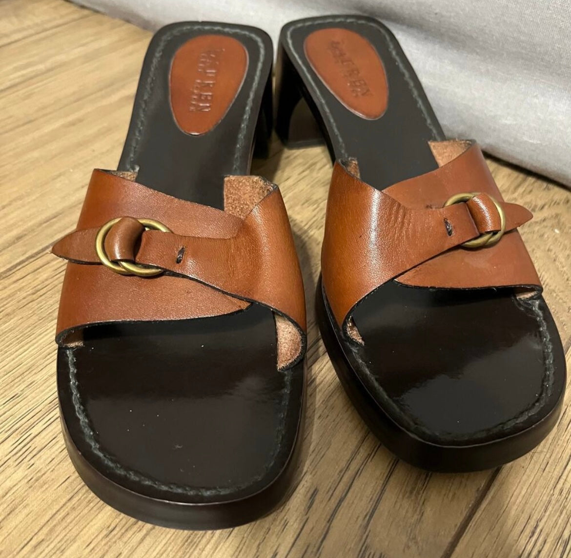 Lauren Ralph Lauren Corey Open Toe Leather Buckle Slip On Shoes Sz-7 1/2 B