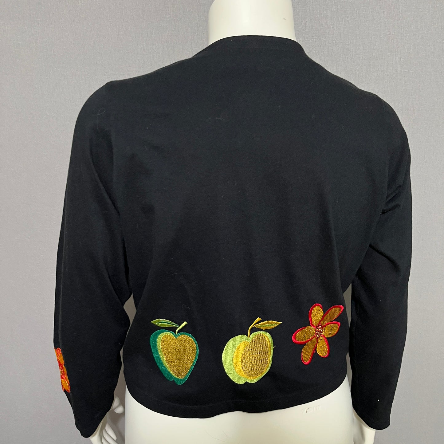 Michael Simon Black Fruit/Floral Embroidered Patch Cotton Cardigan Sz-Medium