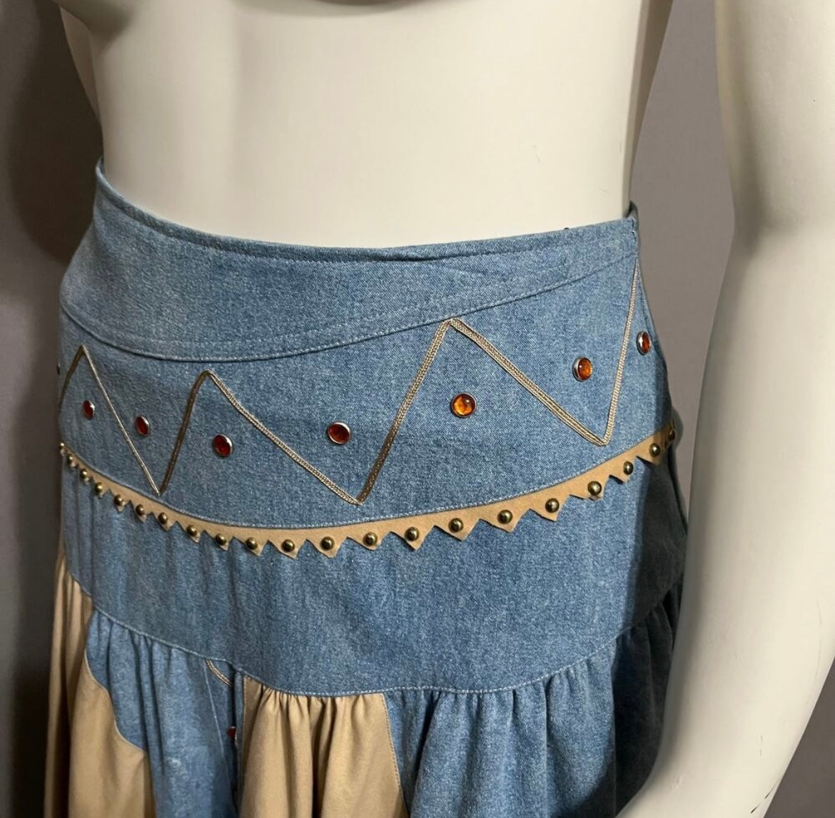Vintage 80s Suzelle Denim Cotton Tan Pleated Drop Waist Maxi Skirt Sz-12