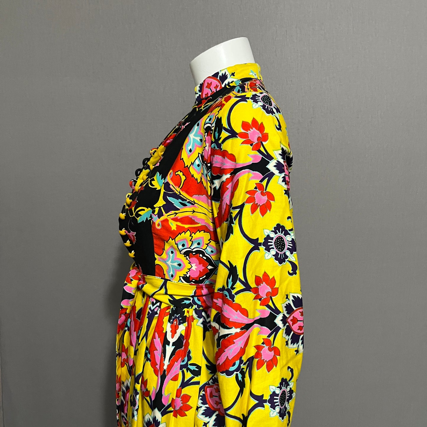 Vintage Floral Yellow Cotton Maxi Fit & Flare Dress Sz-XS