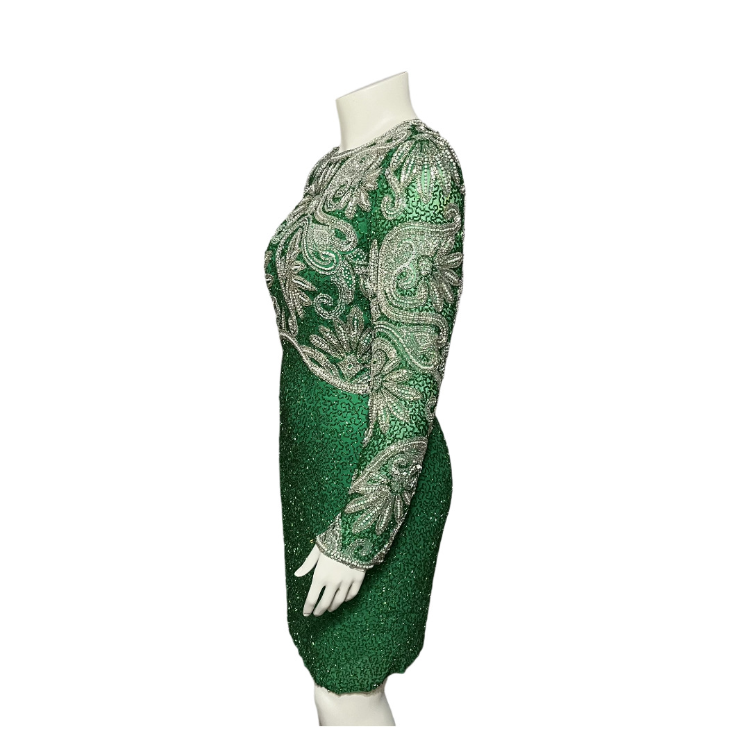 Vintage Green Holiday Evening Beaded Sequin 100% Silk Dress Sz-10 (labeled 12)