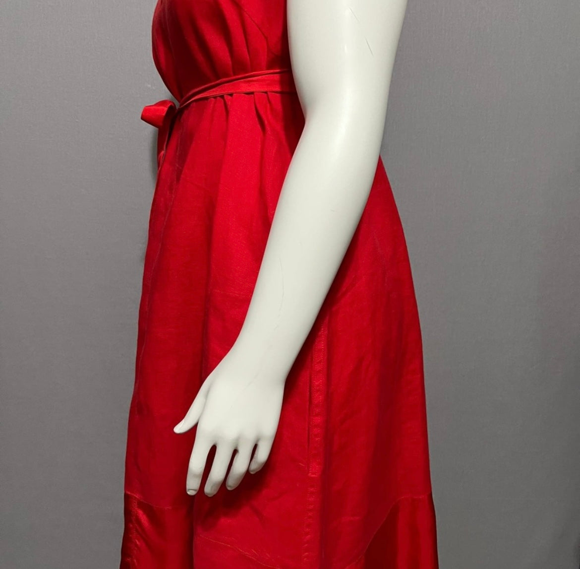 Sundance Red 100% Linen V-Neck Flare With Silk Trim Tie Dress Sz-Large