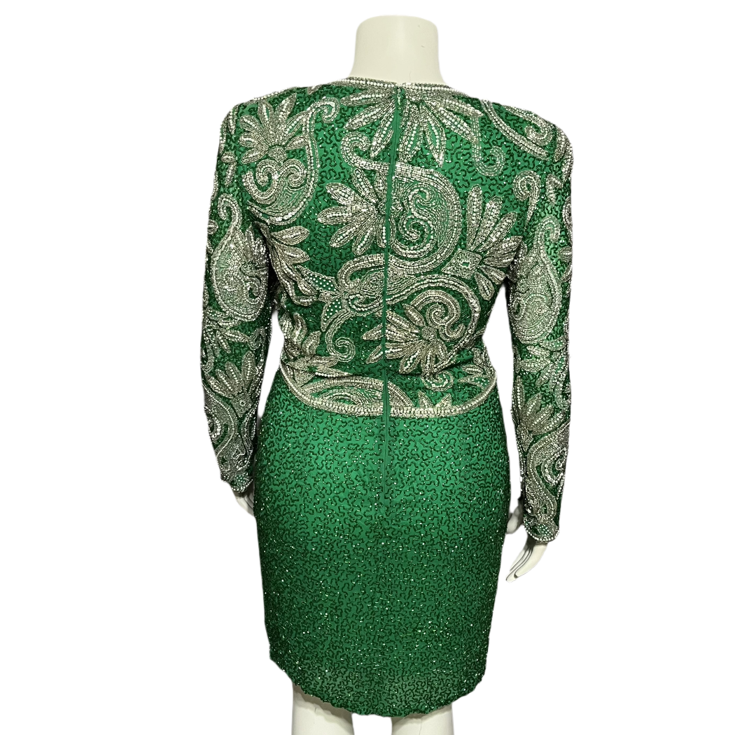 Vintage Green Holiday Evening Beaded Sequin 100% Silk Dress Sz-10 (labeled 12)