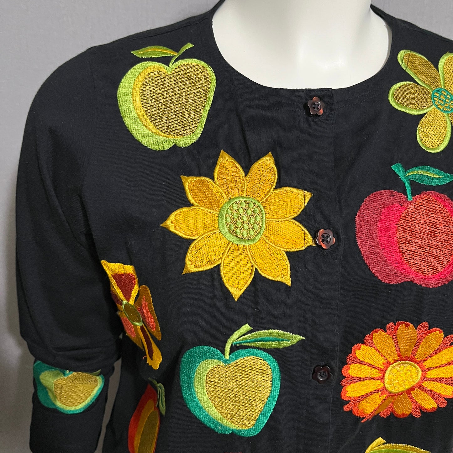 Michael Simon Black Fruit/Floral Embroidered Patch Cotton Cardigan Sz-Medium