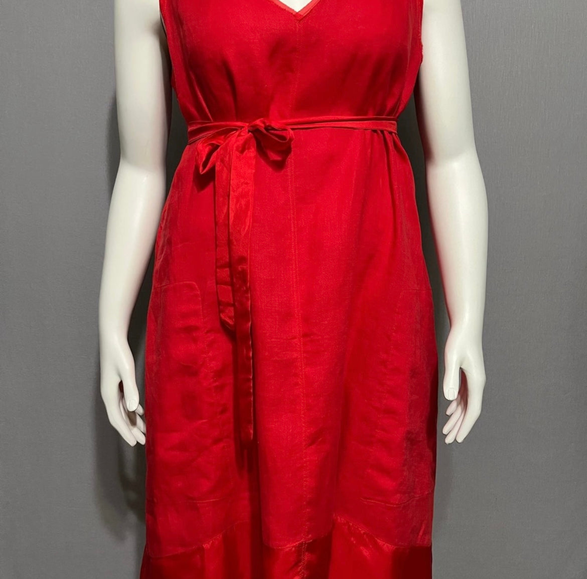 Sundance Red 100% Linen V-Neck Flare With Silk Trim Tie Dress Sz-Large