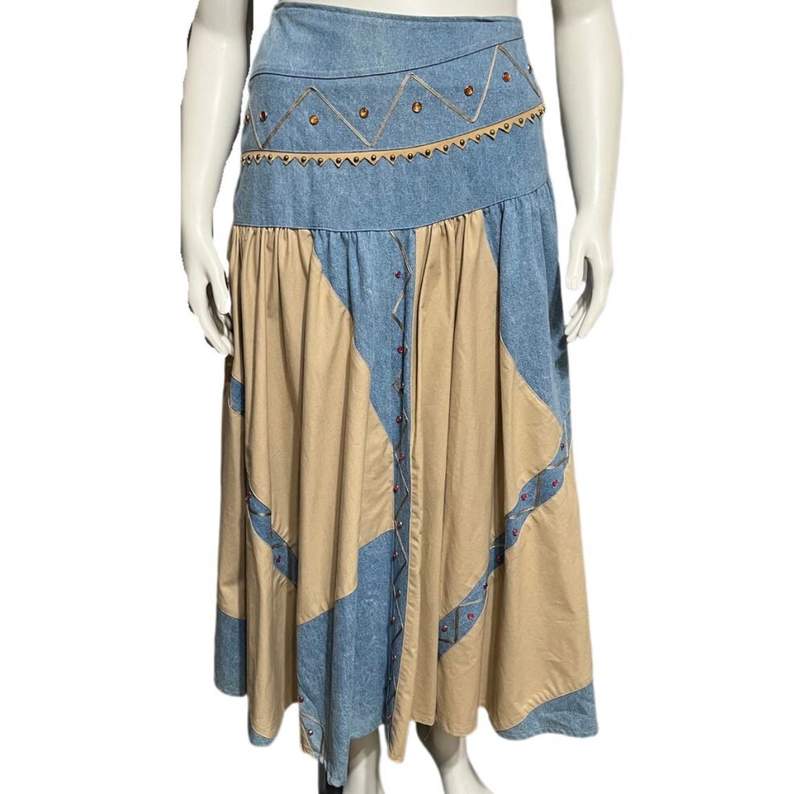 Vintage 80s Suzelle Denim Cotton Tan Pleated Drop Waist Maxi Skirt Sz-12