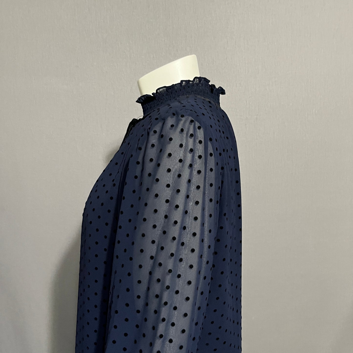 Navy Polka Dot High Neck Ruffle Hem Sheer Dress