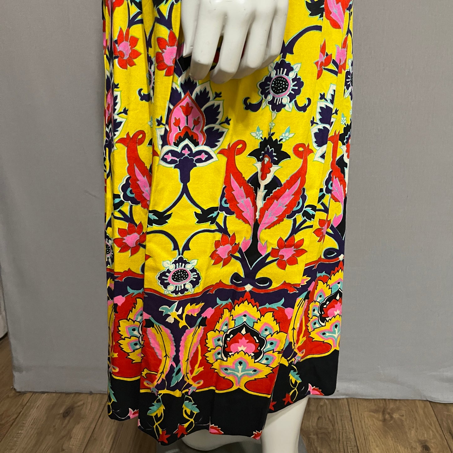 Vintage Floral Yellow Cotton Maxi Fit & Flare Dress Sz-XS