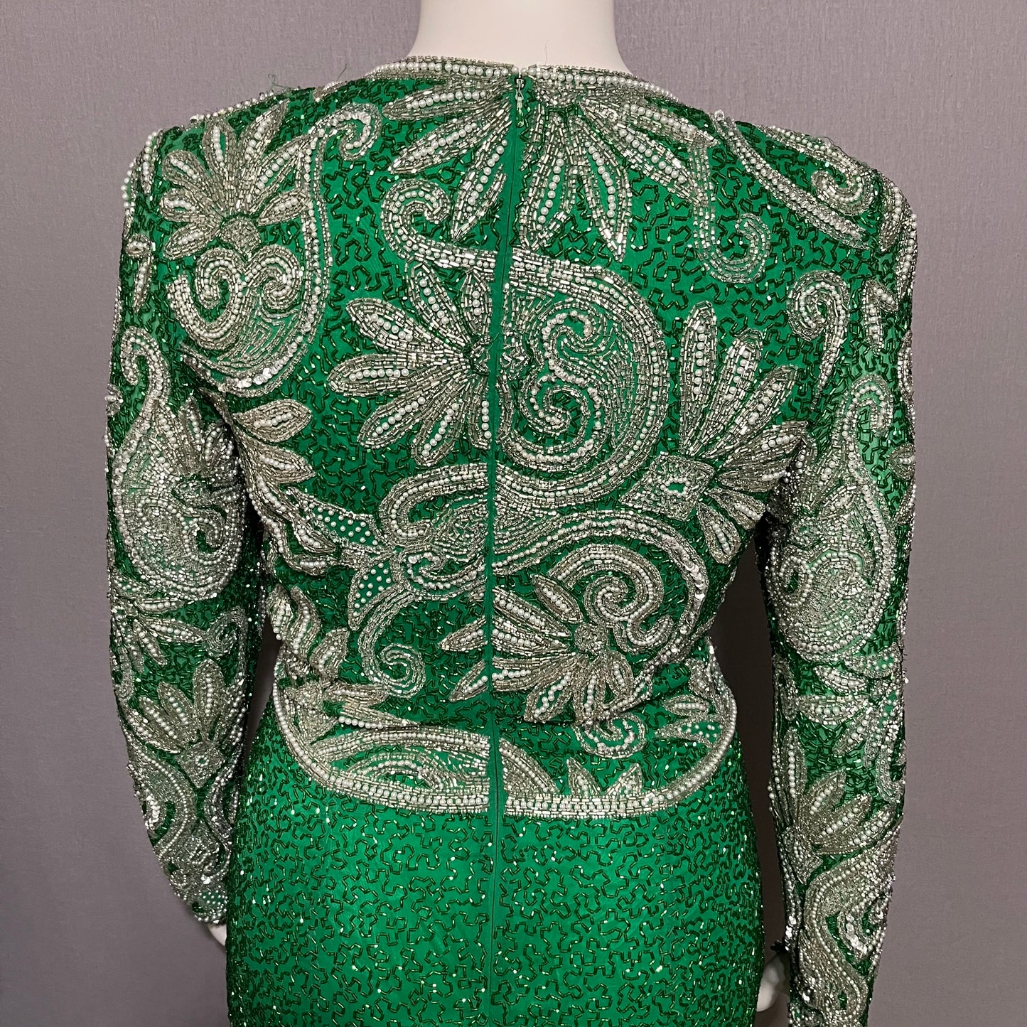 Vintage Green Holiday Evening Beaded Sequin 100% Silk Dress Sz-10 (labeled 12)