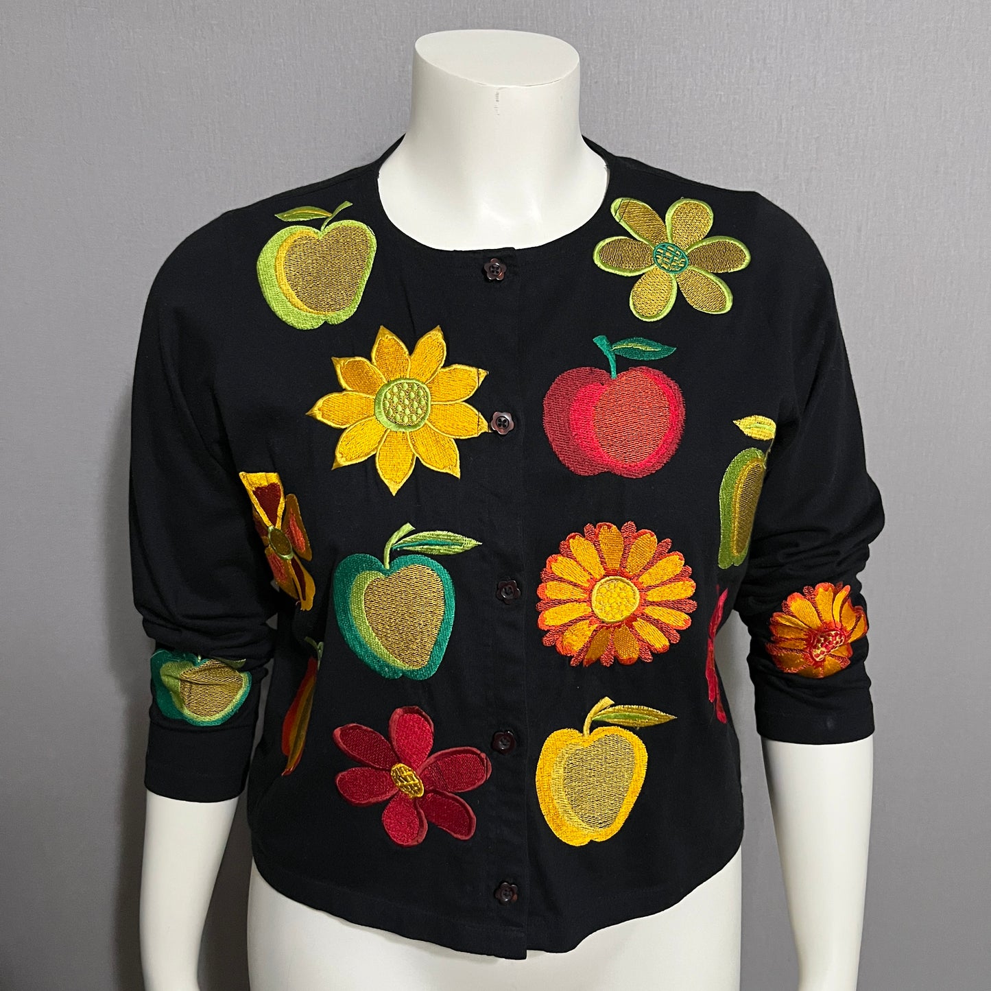 Michael Simon Black Fruit/Floral Embroidered Patch Cotton Cardigan Sz-Medium