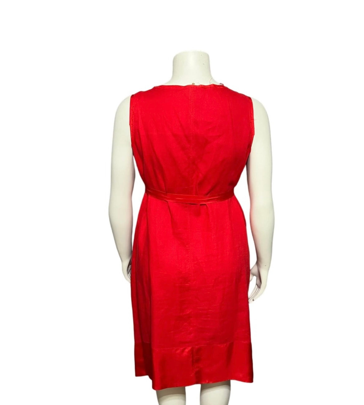 Sundance Red 100% Linen V-Neck Flare With Silk Trim Tie Dress Sz-Large