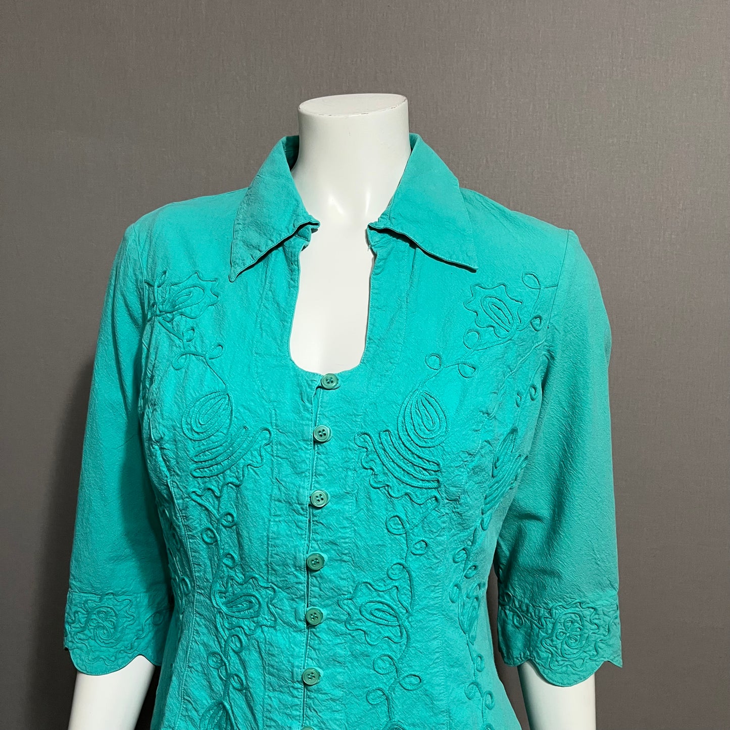 Gretty Ziegler Green Cotton Textured Short Sleeve Shirt Sz-Large