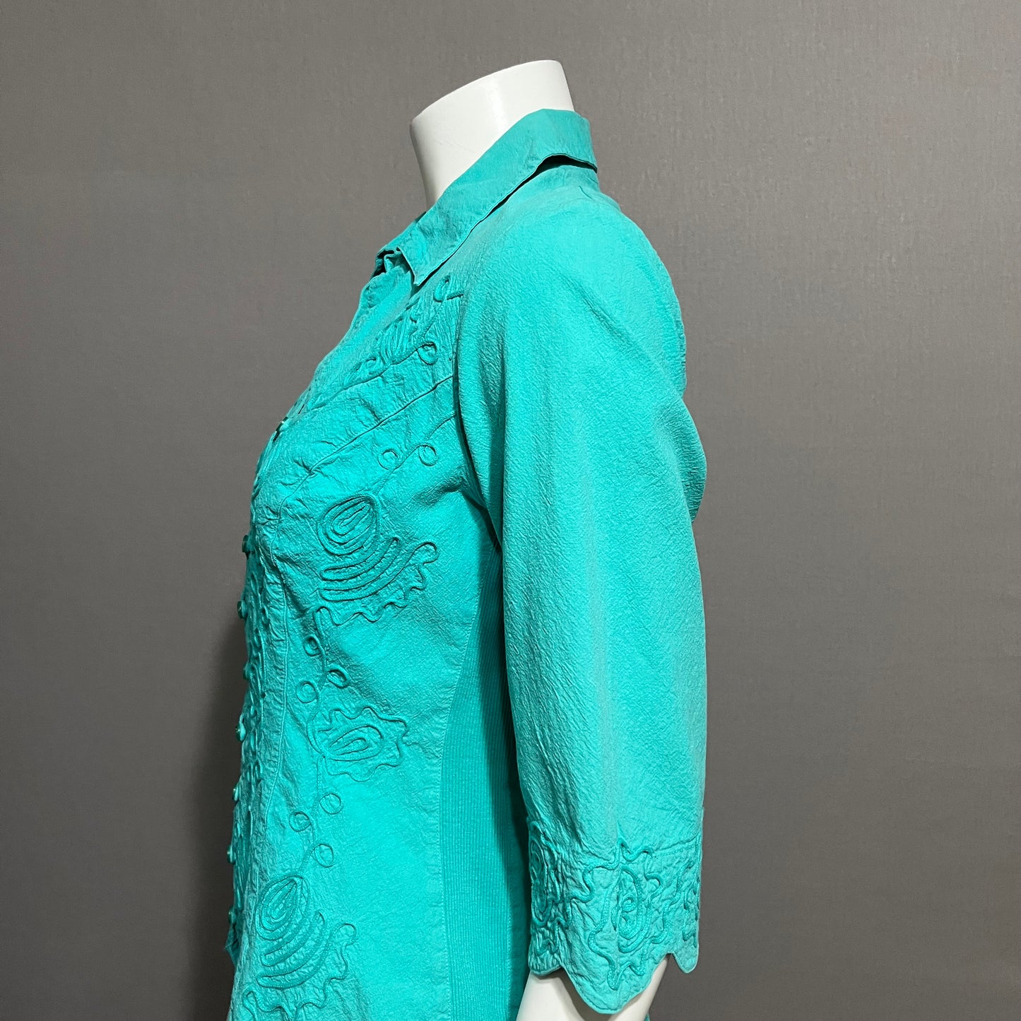 Gretty Ziegler Green Cotton Textured Short Sleeve Shirt Sz-Large