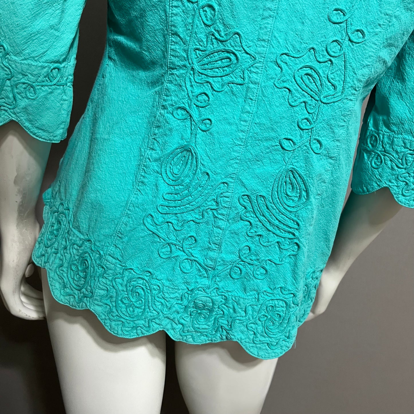 Gretty Ziegler Green Cotton Textured Short Sleeve Shirt Sz-Large