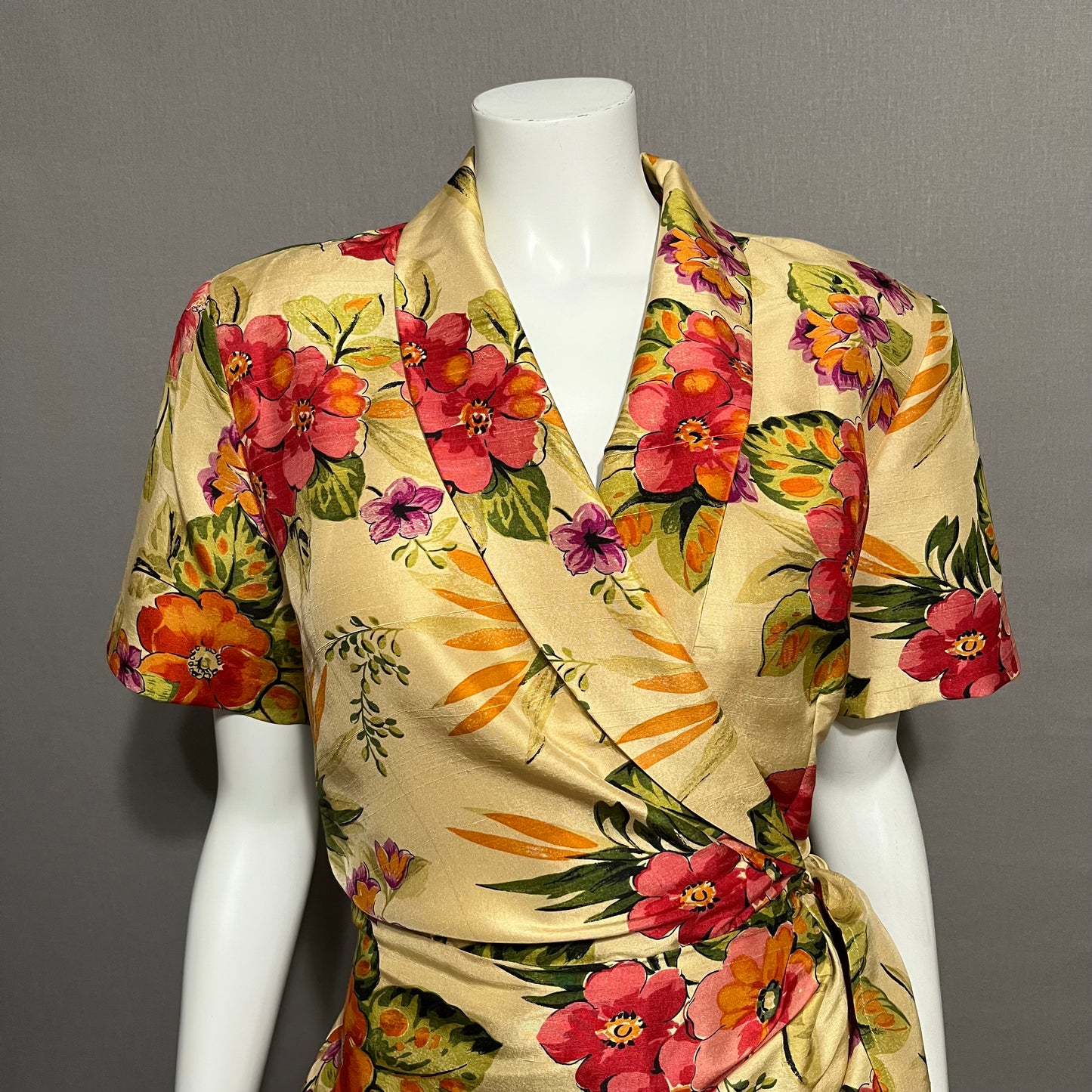 Vintage Barrie Pace 100% Pure Silk Hawaiian Floral Faux Wrap Dress Sz-14