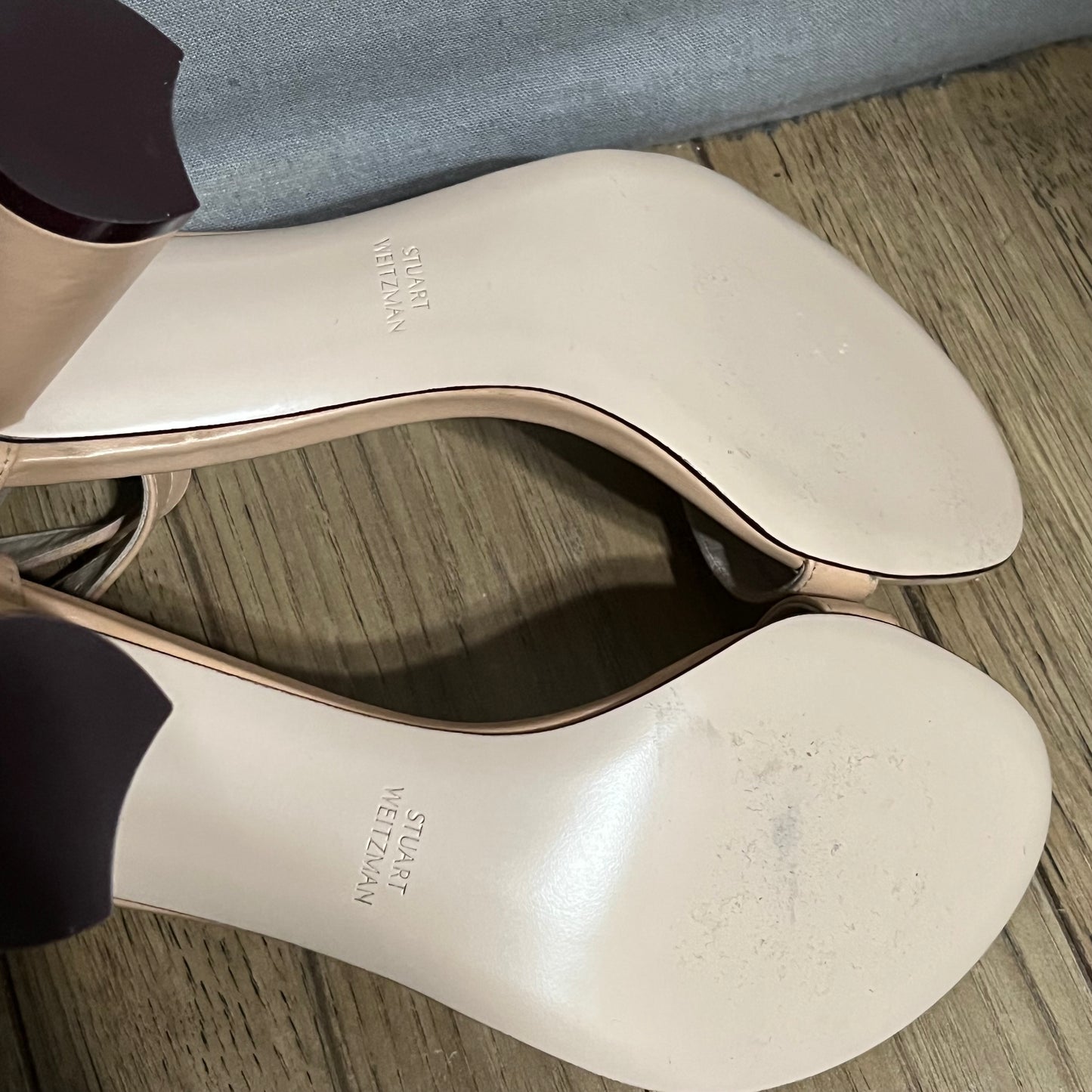 Stuart Weitzman Nude Leather Ankle Strap Block Heel Sandal Sz-8