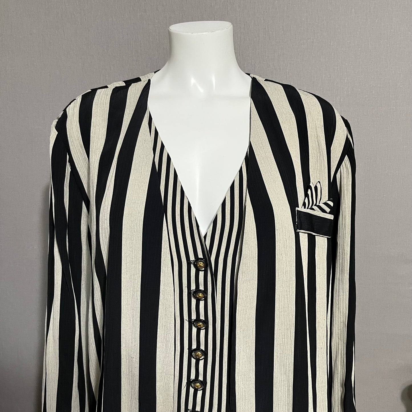 Vintage Perceptions Ecru & Black Striped Vest Attached Blazer Sz-14